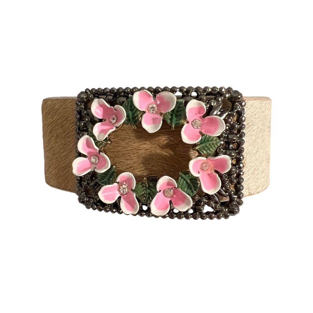 Rare Betsey Johnson Floral Bracelet Brown Cream Calf Hair Leather Pink F… - Picture 8 of 9